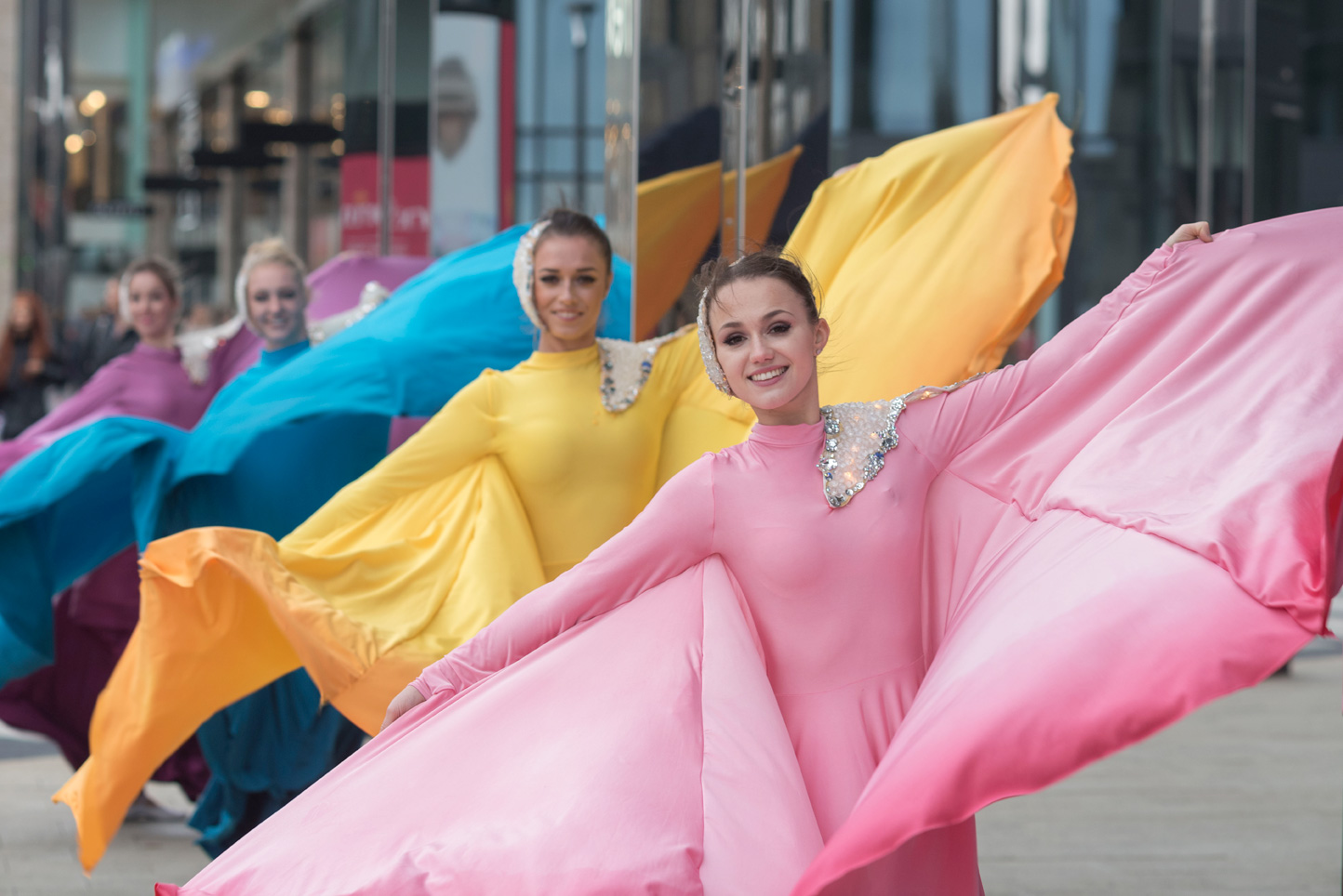 Promotional dancers at shopping retail park in Leeds